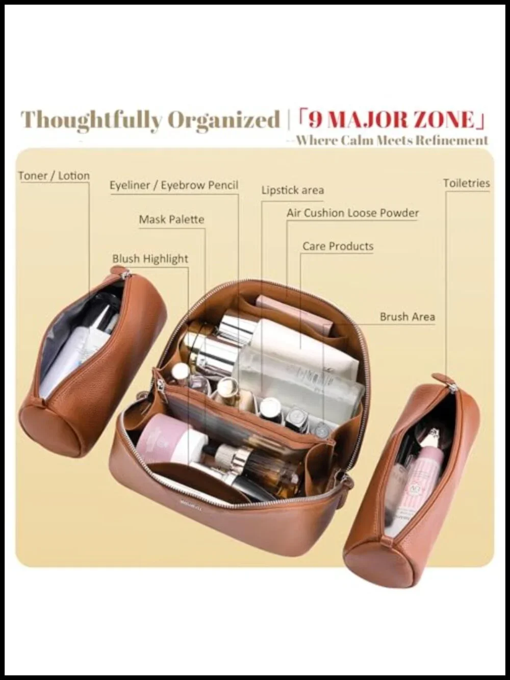 Genuine Leather 3-Piece Travel Makeup Bag Set with Organizers